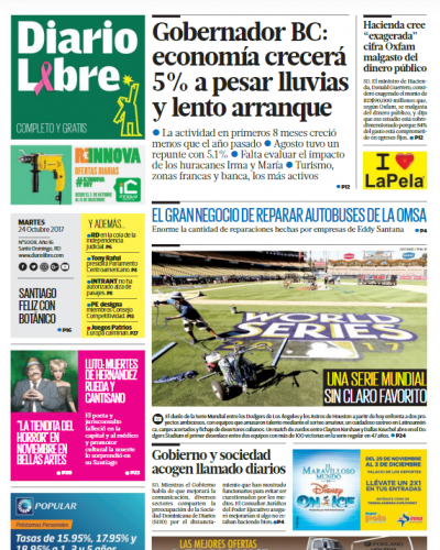 Portada Periódico Diario Libre, Martes 24 de Octubre 2017