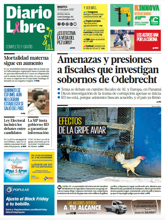 Portada Periódico Diario Libre, Martes 31 de Octubre 2017