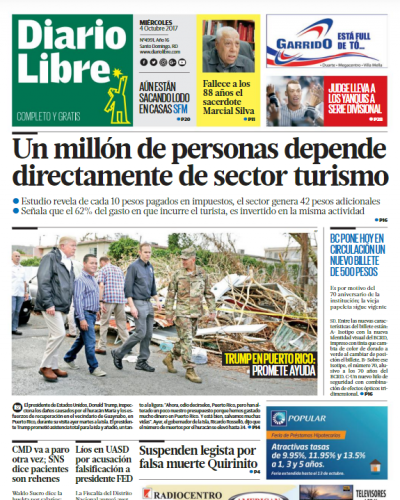 Portada Periódico Diario Libre, Miércoles 04 de Octubre 2017