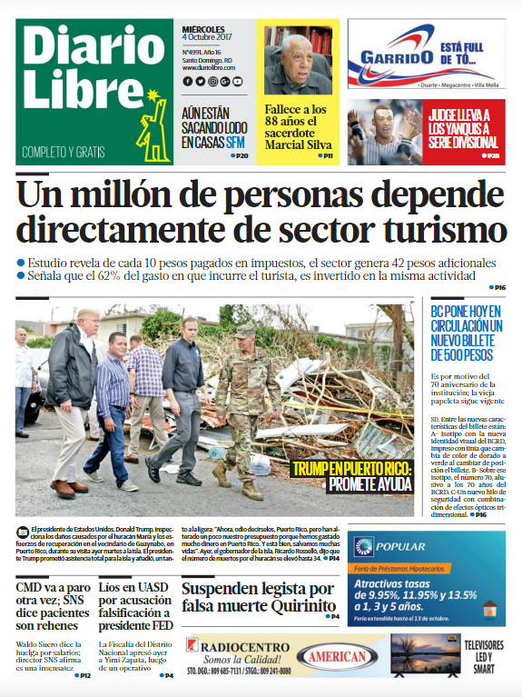 Portada Periódico Diario Libre, Miércoles 04 de Octubre 2017