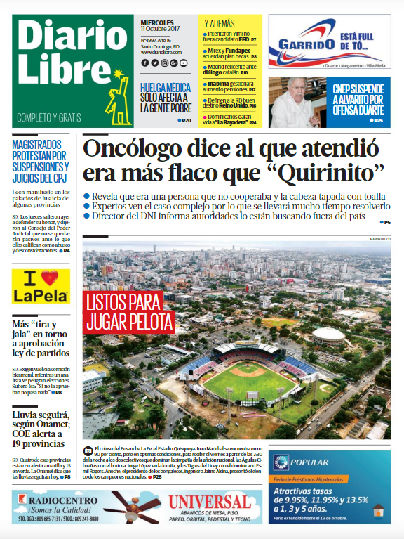Portada Periódico Diario Libre, Miércoles 11 de Octubre 2017