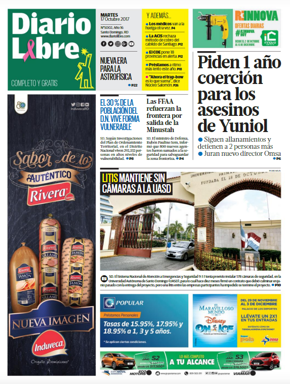 Portada Periódico Diario Libre, Miércoles 18 de Octubre 2017