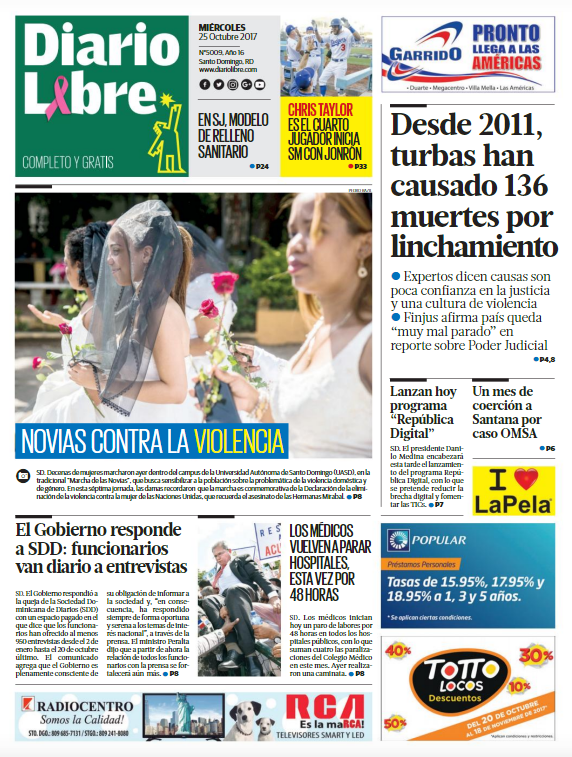 Portada Periódico Diario Libre, Miércoles 25 de Octubre 2017