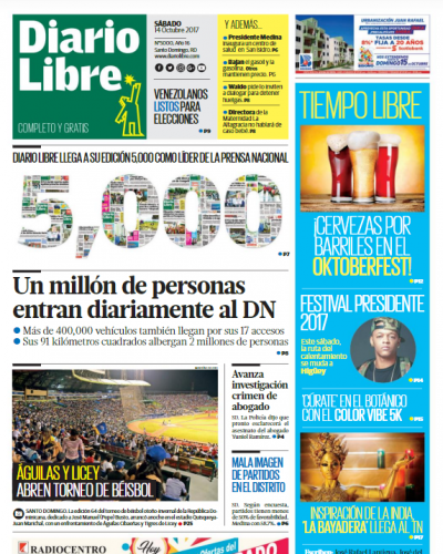 Portada Periódico Diario Libre, Sábado 14 de Octubre 2017
