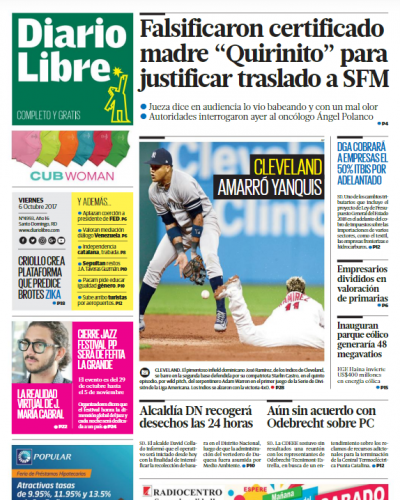Portada Periódico Diario Libre, Viernes 06 de Octubre 2017