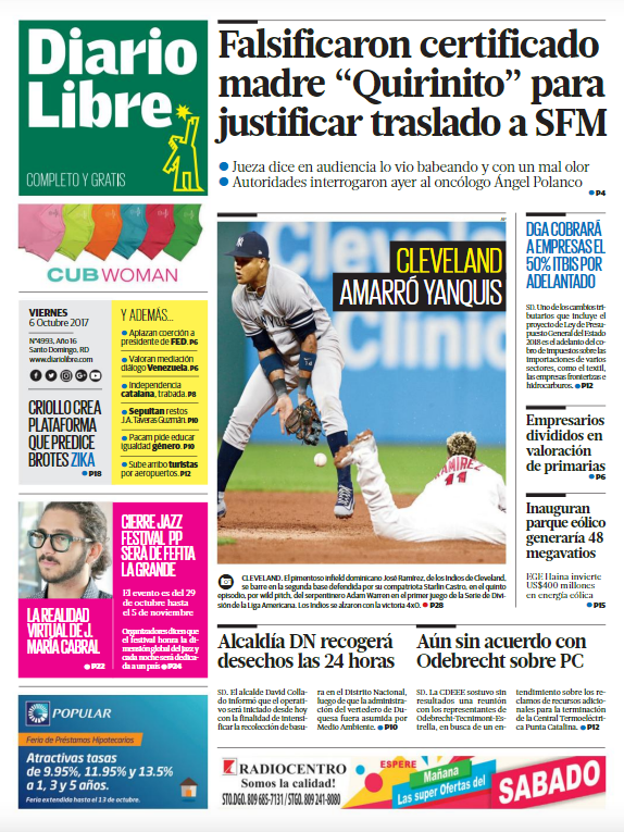 Portada Periódico Diario Libre, Viernes 06 de Octubre 2017