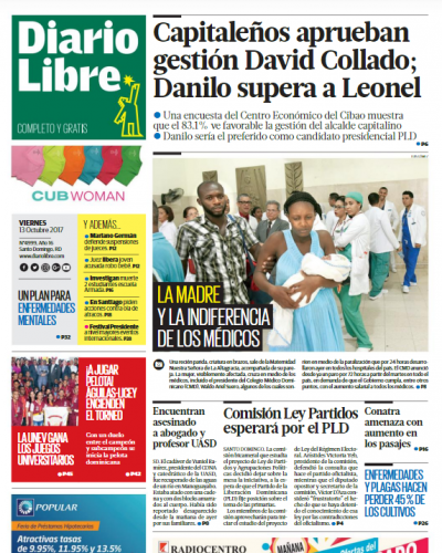 Portada Periódico Diario Libre, Viernes 13 de Octubre 2017