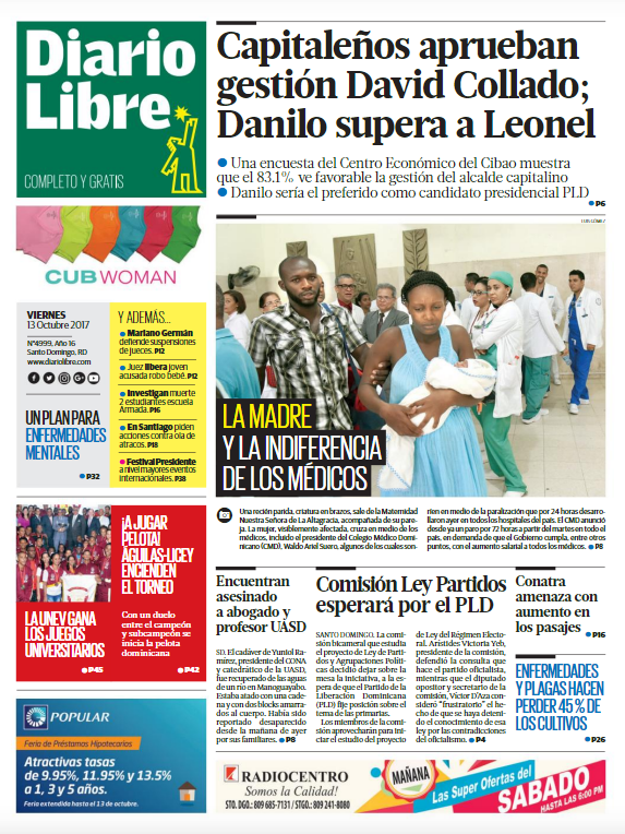 Portada Periódico Diario Libre, Viernes 13 de Octubre 2017