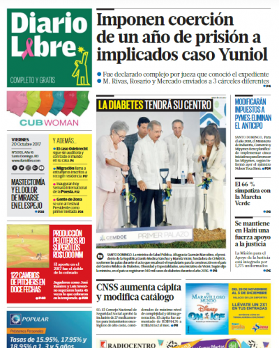 Portada Periódico Diario Libre, Viernes 20 de Octubre 2017