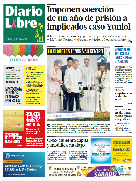 Portada Periódico Diario Libre, Viernes 20 de Octubre 2017