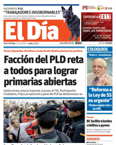 Portada Periódico El Día, Lunes 02 de Octubre 2017