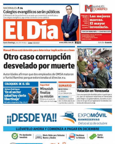 Portada Periódico El Día, Lunes 16 de Octubre 2017
