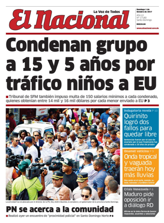 Portada Periódico El Nacional, Domingo 01 de Octubre 2017