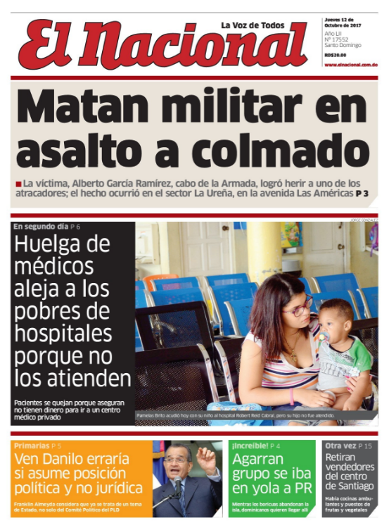 Portada Periódico El Nacional, Jueves 12 de Octubre 2017