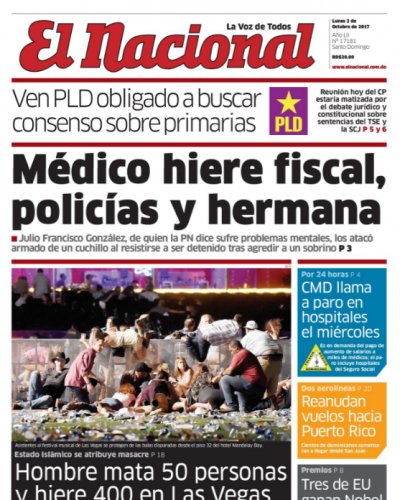 Portada Periódico El Nacional, Lunes 02 de Octubre 2017