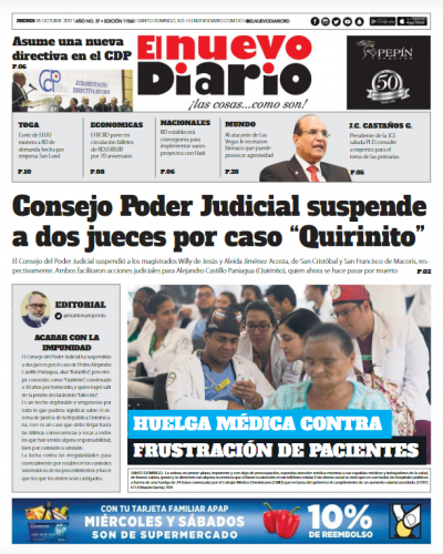 Portada Periódico El Nuevo Diario, Jueves 05 de Octubre 2017