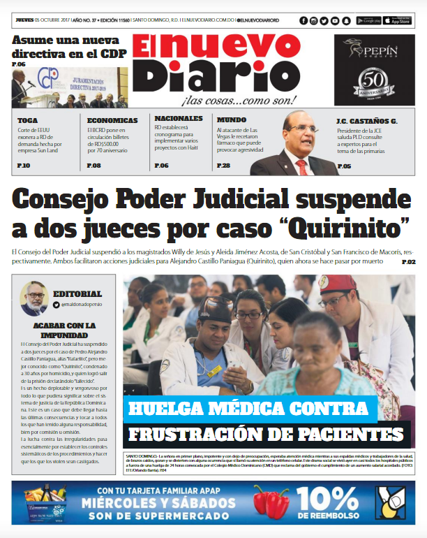 Portada Periódico El Nuevo Diario, Jueves 05 de Octubre 2017
