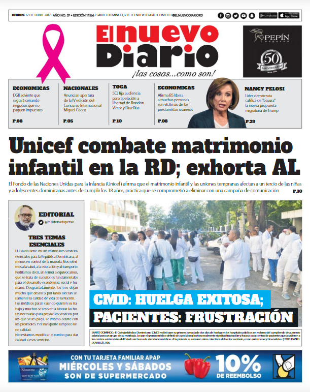 Portada Periódico El Nuevo Diario, Jueves 12 de Octubre 2017