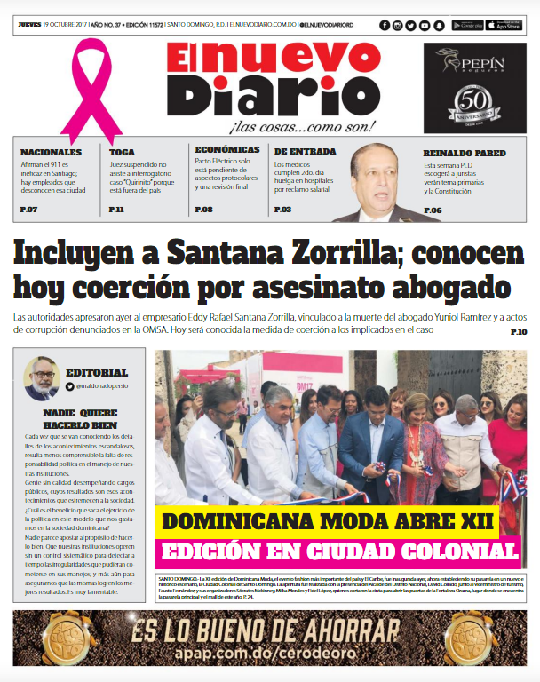 Portada Periódico El Nuevo Diario, Jueves 19 de Octubre 2017