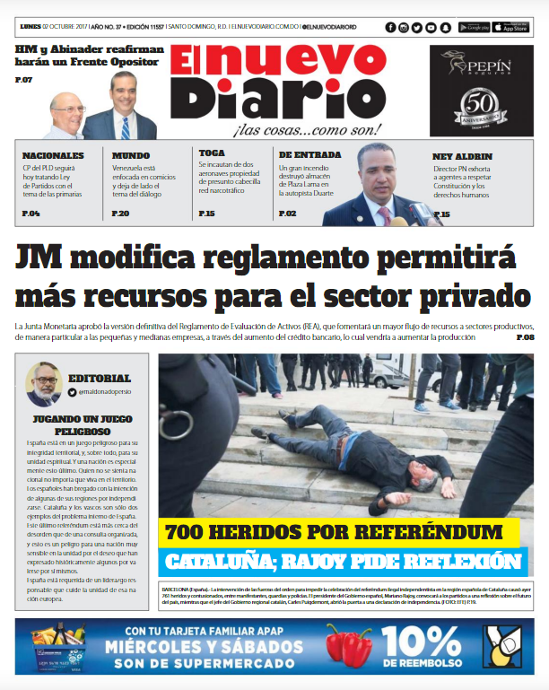 Portada Periódico El Nuevo Diario, Lunes 02 de Octubre 2017