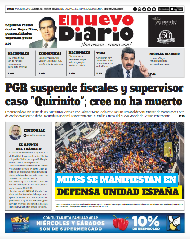 Portada Periódico El Nuevo Diario, Lunes 09 de Octubre 2017