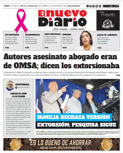 Portada Periódico El Nuevo Diario, Lunes 16 de Octubre 2017