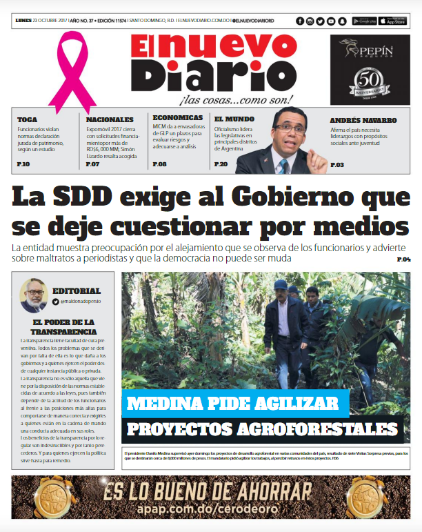 Portada Periódico El Nuevo Diario, Lunes 23 de Octubre 2017