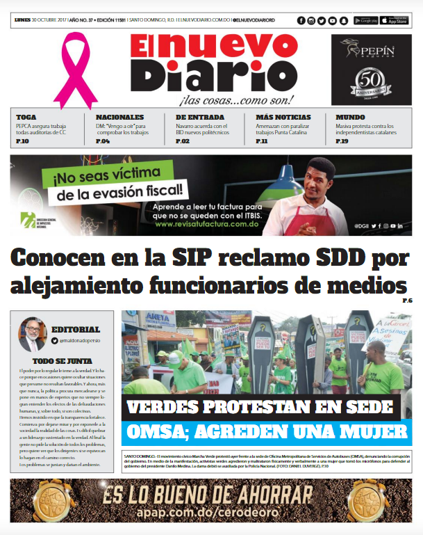 Portada Periódico El Nuevo Diario, Lunes 30 de Octubre 2017