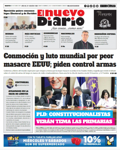 Portada Periódico El Nuevo Diario, Martes 03 de Octubre 2017