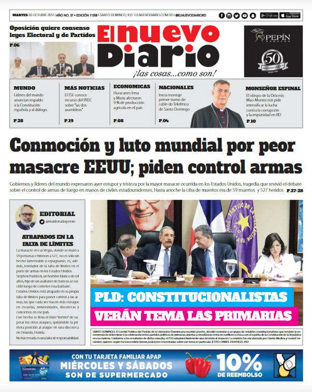 Portada Periódico El Nuevo Diario, Martes 03 de Octubre 2017