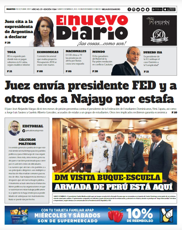 Portada Periódico El Nuevo Diario, Martes 10 de Octubre 2017