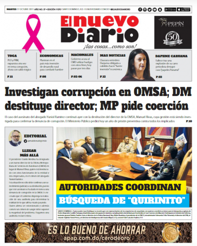 Portada Periódico El Nuevo Diario, Martes 17 de Octubre 2017