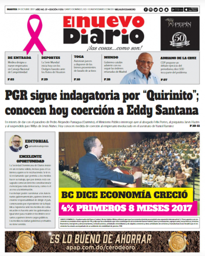 Portada Periódico El Nuevo Diario, Martes 24 de Octubre 2017