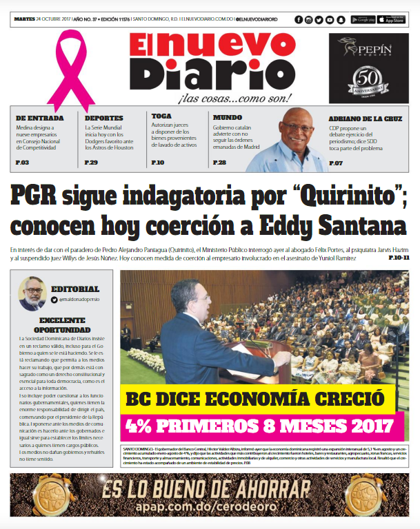 Portada Periódico El Nuevo Diario, Martes 24 de Octubre 2017