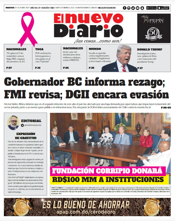 Portada Periódico El Nuevo Diario, Martes 31 de Octubre 2017