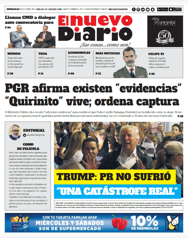 Portada Periódico El Nuevo Diario, Miércoles 04 de Octubre 2017