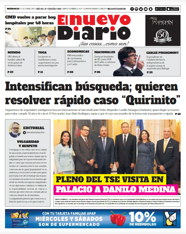 Portada Periódico El Nuevo Diario, Miércoles 11 de Octubre 2017