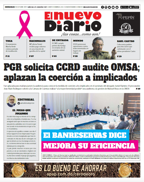 Portada Periódico El Nuevo Diario, Miércoles 18 de Octubre 2017