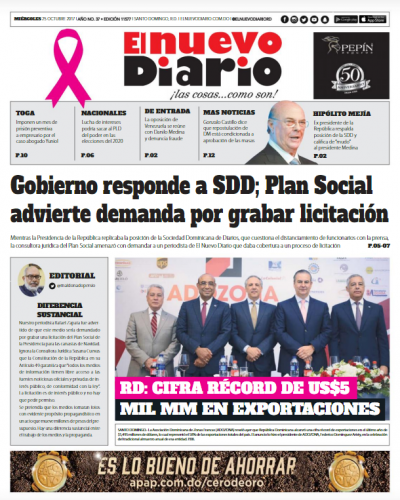 Portada Periódico El Nuevo Diario, Miércoles 25 de Octubre 2017