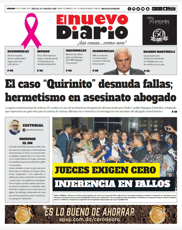 Portada Periódico El Nuevo Diario, Sábado 14 de Octubre 2017