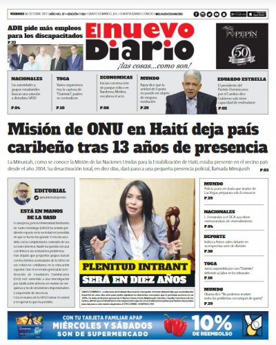 Portada Periódico El Nuevo Diario, Viernes 06 de Octubre 2017