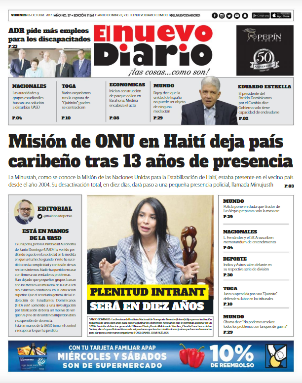 Portada Periódico El Nuevo Diario, Viernes 06 de Octubre 2017