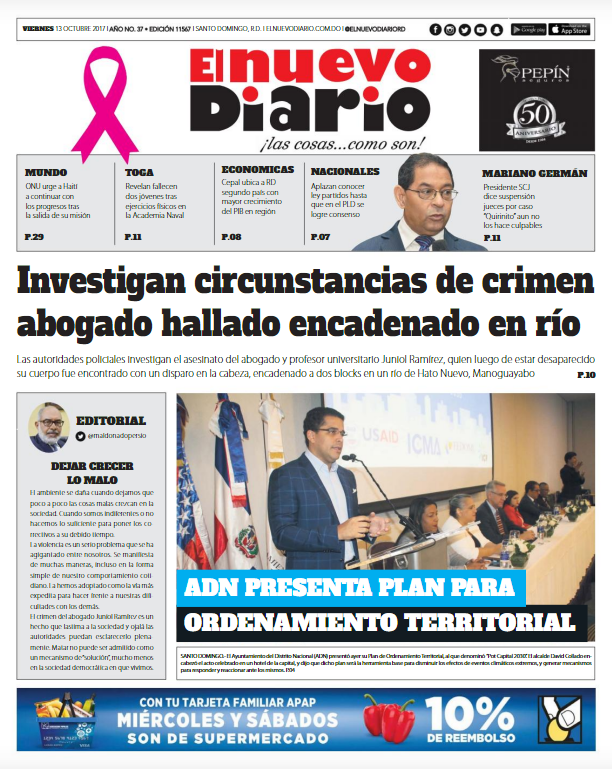 Portada Periódico El Nuevo Diario, Viernes 13 de Octubre 2017