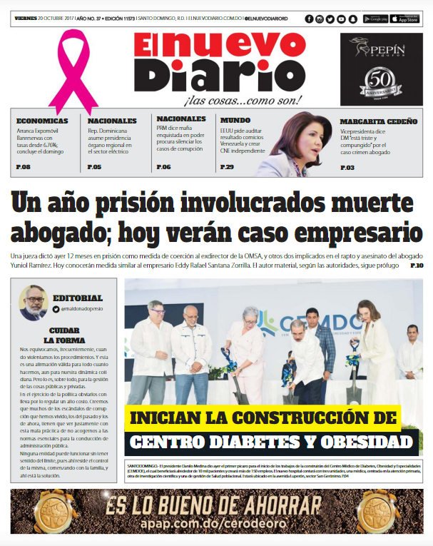 Portada Periódico El Nuevo Diario, Viernes 20 de Octubre 2017