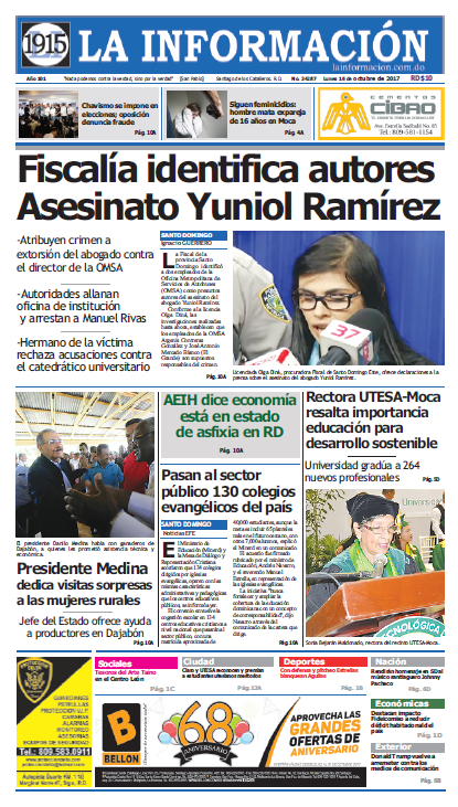 Portada Periódico La Información, Lunes 16 de Octubre 2017