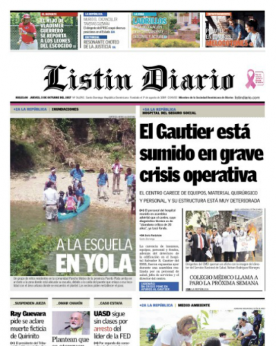 Portada Periódico Listín Diario, Jueves 05 de Octubre 2017