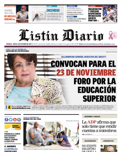 Portada Periódico Listín Diario, Jueves 12 de Octubre 2017