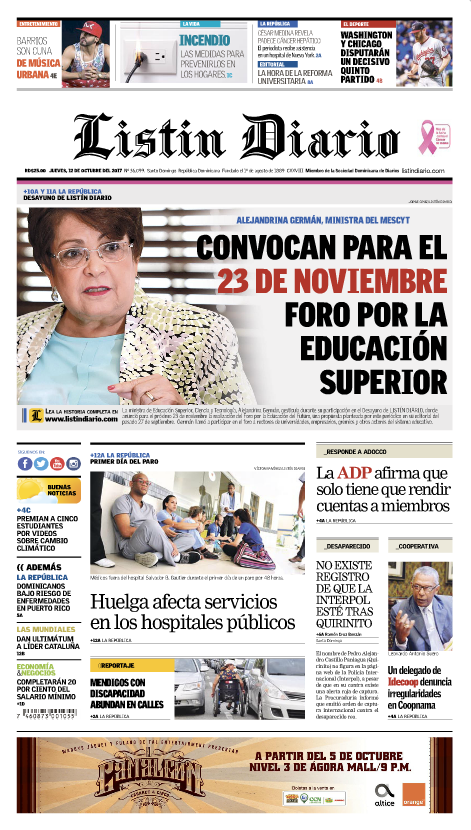 Portada Periódico Listín Diario, Jueves 12 de Octubre 2017