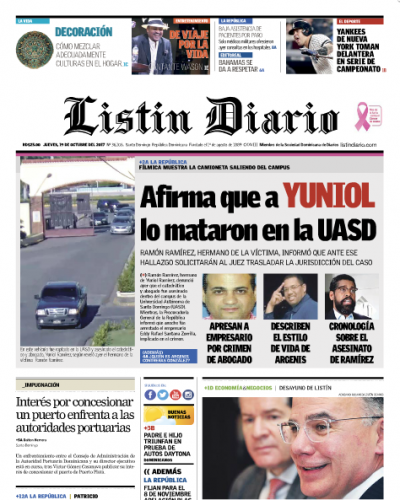 Portada Periódico Listín Diario, Jueves 19 de Octubre 2017