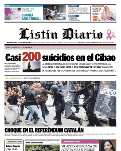 Portada Periódico Listín Diario, Lunes 02 de Octubre 2017